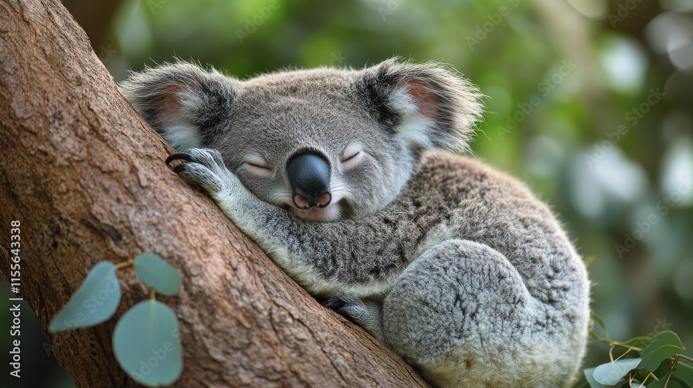 Fototapeta premium Koala resting peacefully among eucalyptus leaves in an Australian habitat setting