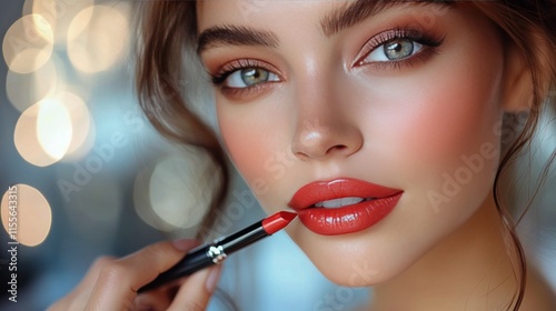 Beautiful woman applying red lipstick in soft focus background during daytime