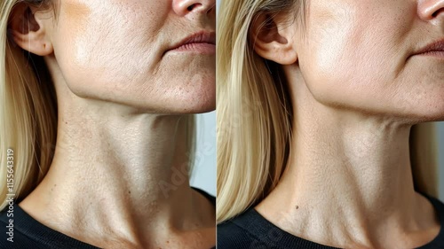 Close-up view of a woman's neck showcasing skin texture and aging effects in a before and after comparison