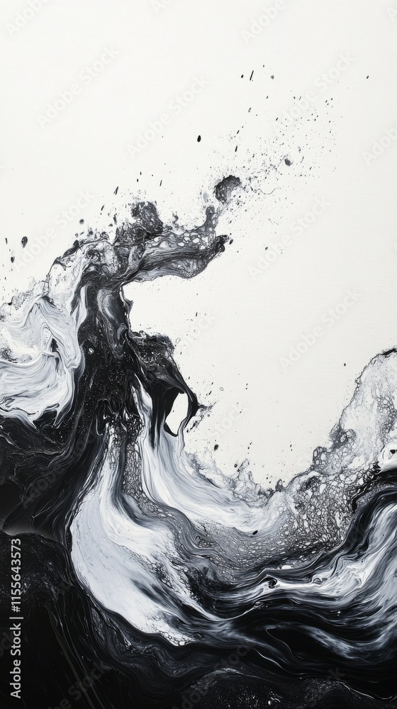 Contemporary black and white abstract artwork displayed in modern art gallery setting Contemporary black and white abstract artwork displayed in modern art gallery setting