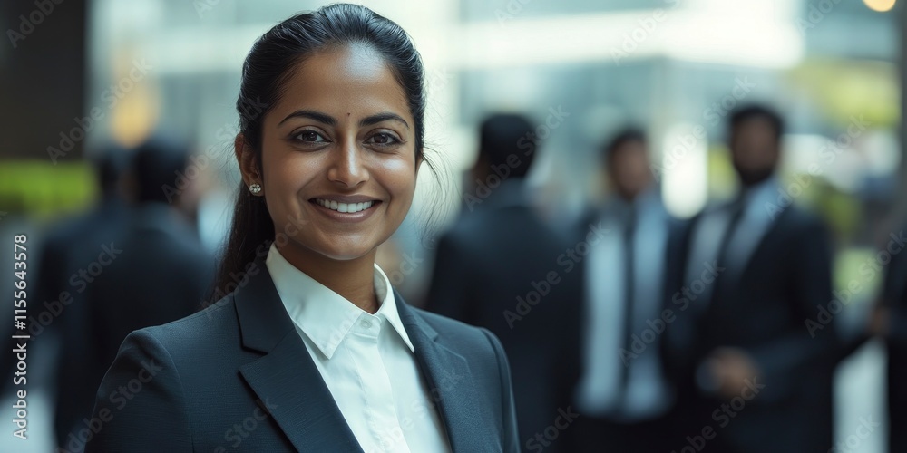 an Indian business woman smiling with her team in the background an Indian business woman smiling with her team in the background