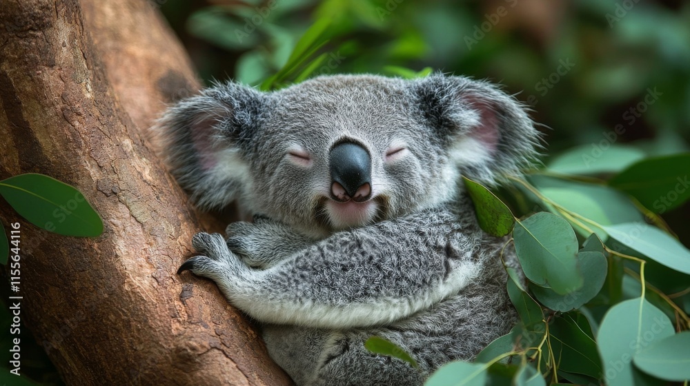 Fototapeta premium Koala resting peacefully among eucalyptus leaves in an Australian habitat setting