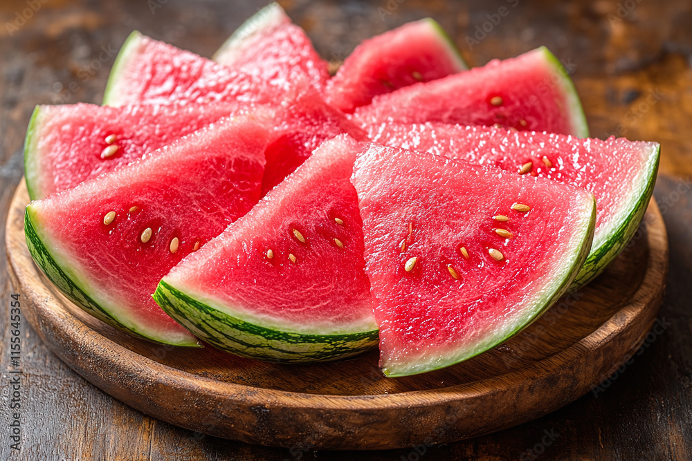 Bright red watermelon slices are neatly arranged on wood, perfect for a refreshing snack. Generative AI