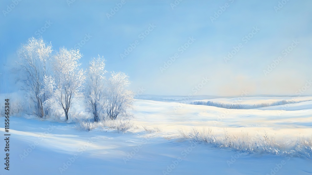 A tranquil snowy landscape with a shimmering blue background and gentle light A tranquil snowy landscape with a shimmering blue background and gentle light