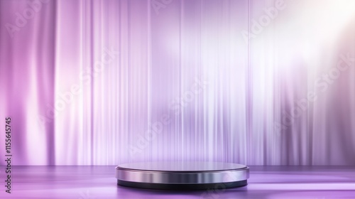Elegant silver podium on purple stage curtain background.