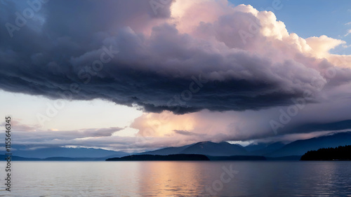 Storm clouds at sunset, Hood Canal, Dabob Bay, Seabeck, Washington State, USA photo