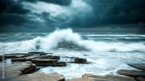 Dramatic ocean waves crashing against rocky shore under a stormy sky.  Perfect for illustrating power of nature, environmental themes, or travel adventures. photo