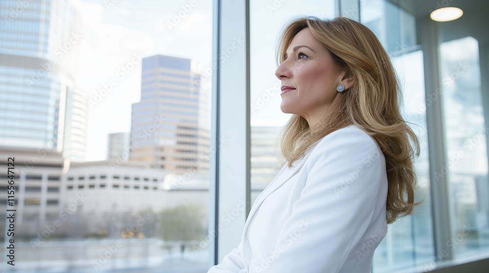Fototapeta premium Mature businesswoman in white blazer looking at city view. Corporate leadership campaign