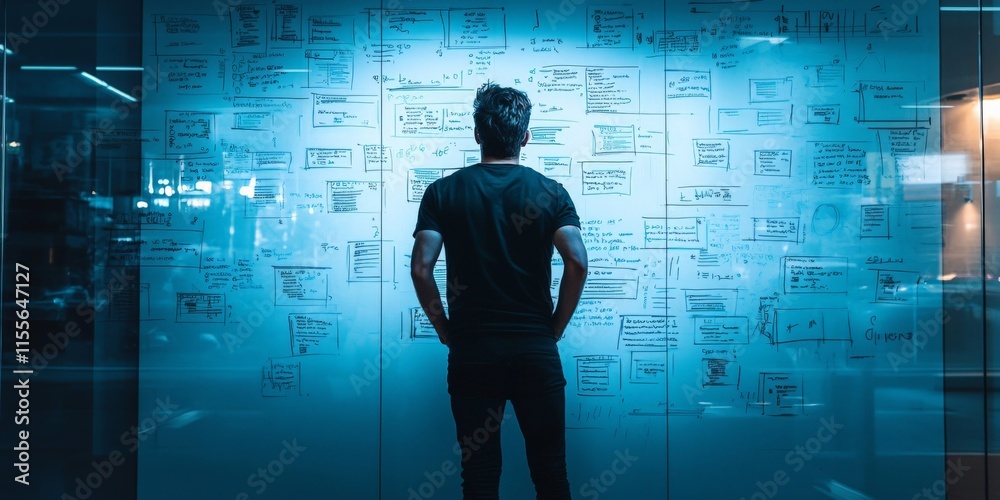 A computer programmer brainstorming new software ideas on a whiteboard filled with coding snippets A computer programmer brainstorming new software ideas on a whiteboard filled with coding snippets