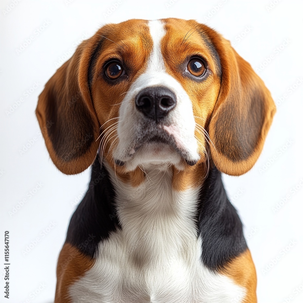 Curious beagle with floppy ears and expressive eyes against white background Curious beagle with floppy ears and expressive eyes against white background