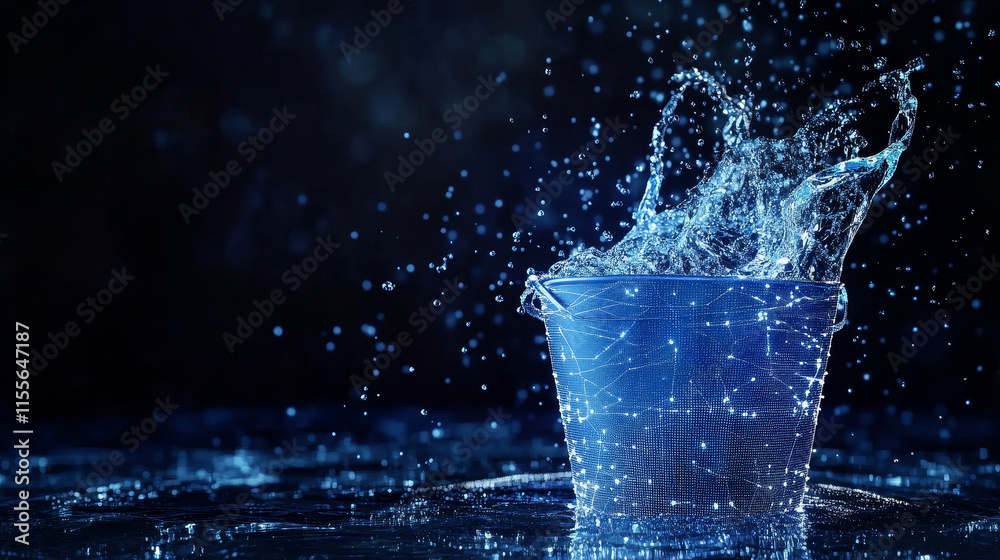 Hologram bucket of water. Bucket of water made of polygons, triangles, dots, and lines. Low-poly bucket of water structure of connections. Technology concept vector. Hologram bucket of water. Bucket of water made of polygons, triangles, dots, and lines. Low-poly bucket of water structure of connections. Technology concept vector.