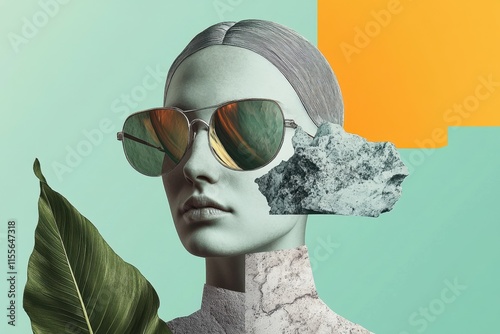 Stone Faced Woman Wearing Sunglasses with Tropical Leaf photo