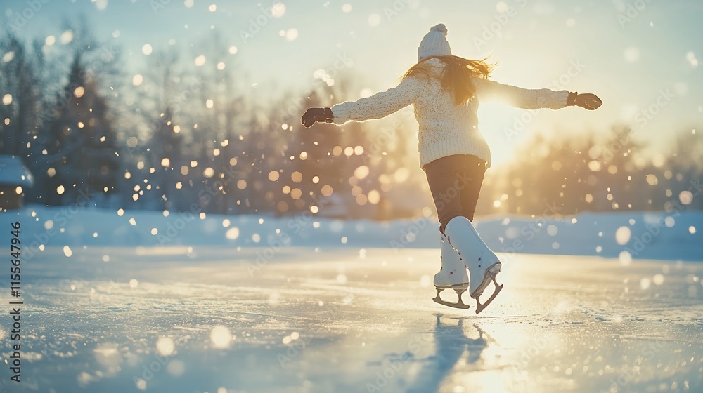 A skater enjoying a winter scene on an ice rink, surrounded by falling snow. A skater enjoying a winter scene on an ice rink, surrounded by falling snow.
