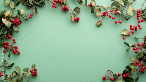 Red berries and green leaves frame on mint background.