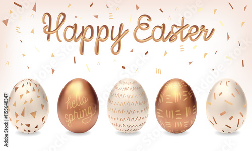 Many beautiful golden realistic eggs. Luxury Happy easter card with eggs. Happy easter. Easter. Easter holiday greeting card. Set Golden Easter eggs. Gold easter eggs. Easter gold decoration set photo