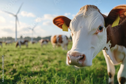 A focused brown and white cow stands amidst flourishing pastures while wind turbines spin in the background, illustrating the intersection of nature and renewable energy. photo