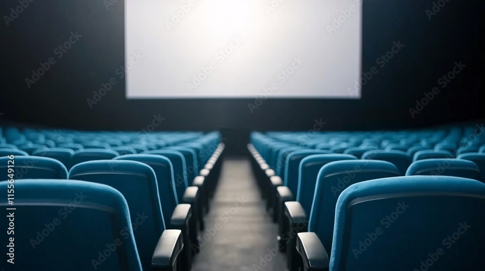 Fototapeta premium Empty Cinema Hall with Blue Chairs and a Blank White Screen Ready for Film Projection in a Modern Theater Environment