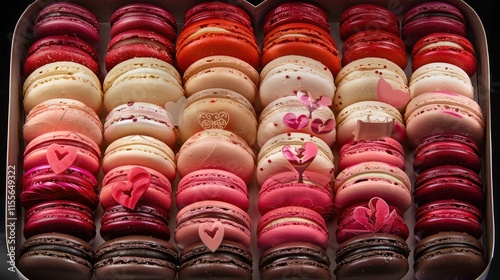  A heart-shaped box of macarons in shades of red, pink, and white