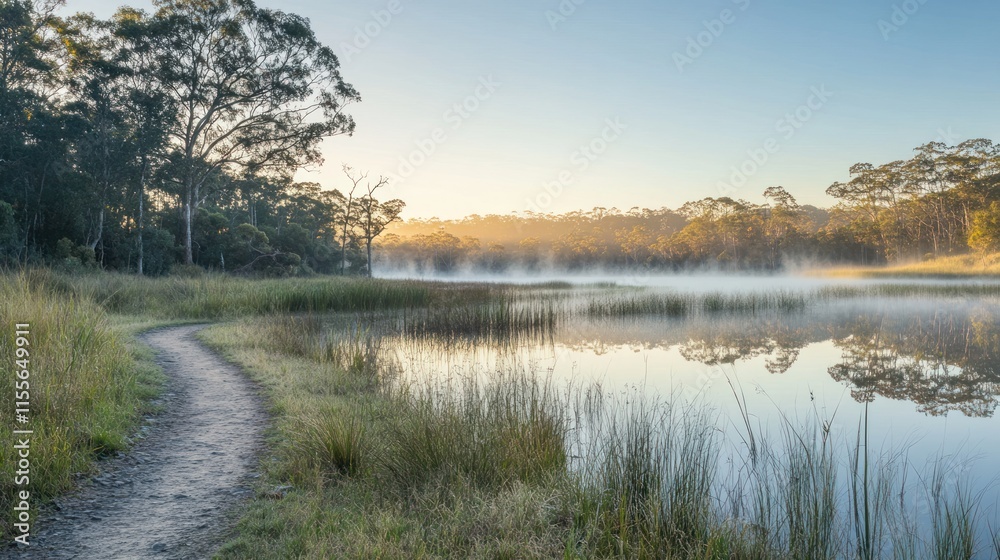 Serene sunrise over misty lake with winding path. Serene sunrise over misty lake with winding path.