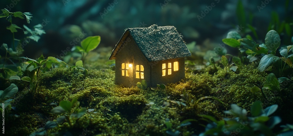 A small, illuminated house nestled in a lush, green forest setting. A small, illuminated house nestled in a lush, green forest setting.