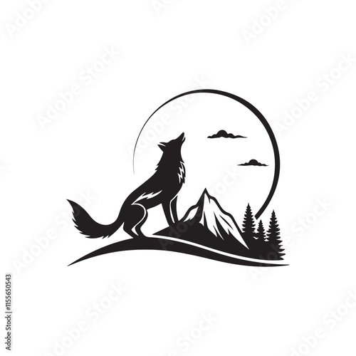 wolf howling vector silhouette line art logo design photo