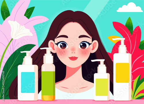 Woman with Beauty Products in a Floral Setting