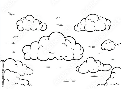 A simple line drawing of fluffy clouds scattered in a clear sky.