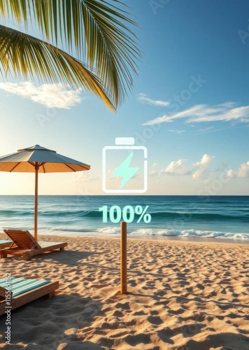 Beach Wallpaper of Fully charge battery 100% sign icon on natare summer beach on vacation day holiday long weekend relax time beach wallpaper Ultra realistic Photorealistic  photo