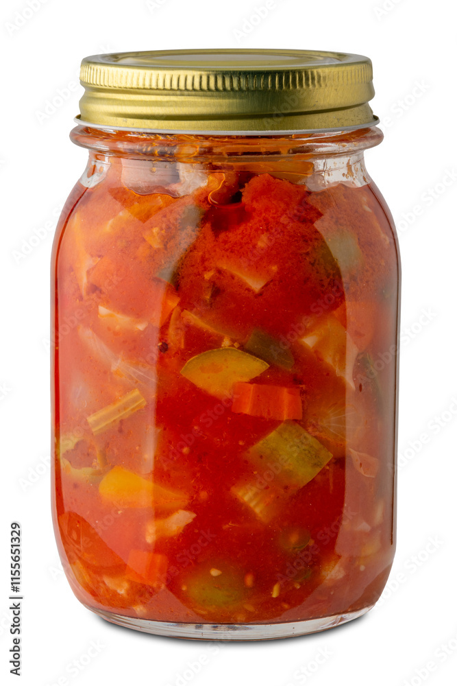 Mixed vegetables cooked in tomato sauce in glass jar isolated. Italian Giardiniera canned in glass jar Mixed vegetables cooked in tomato sauce in glass jar isolated. Italian Giardiniera canned in glass jar