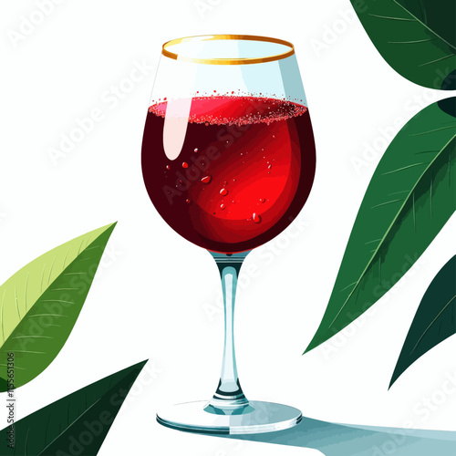 Wine Glass with Red Wine Surrounded by Leaves