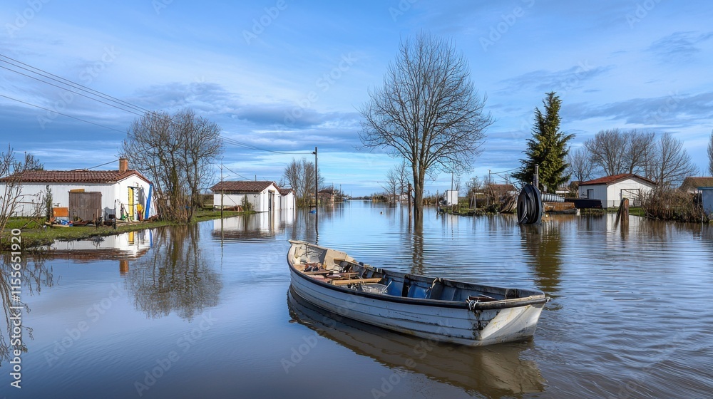 Obraz premium A serene landscape featuring a small boat amidst flooded homes and trees under a clear blue sky.