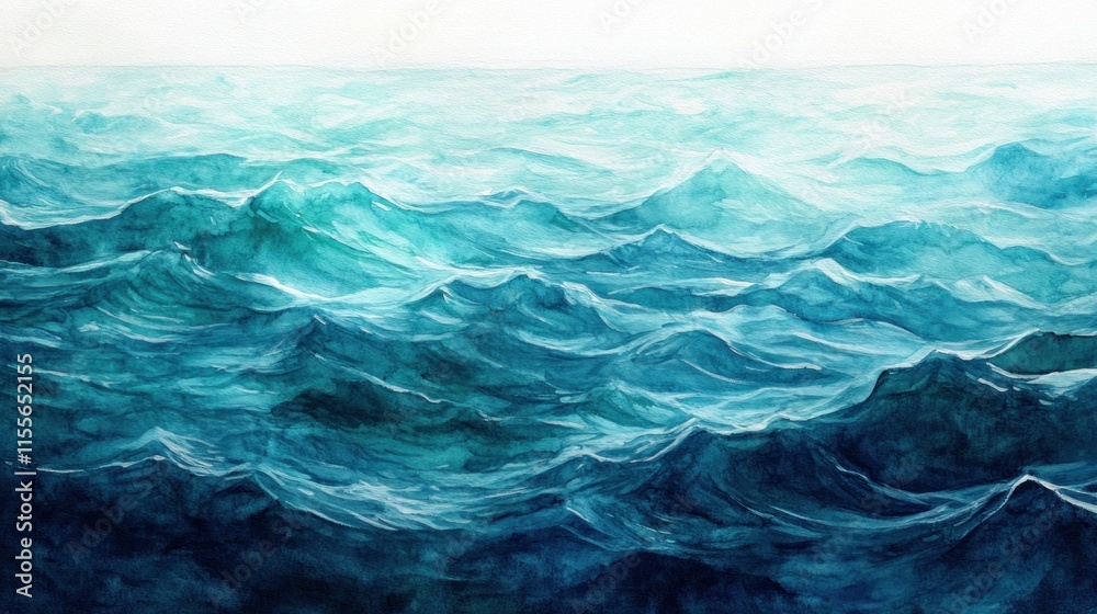 Fototapeta premium Watercolor painting of ocean waves, various shades of blue, textured surface.
