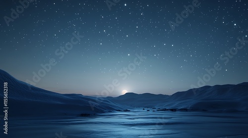 A serene snowy horizon with soft blue lighting and shimmering snowflakes falling gently