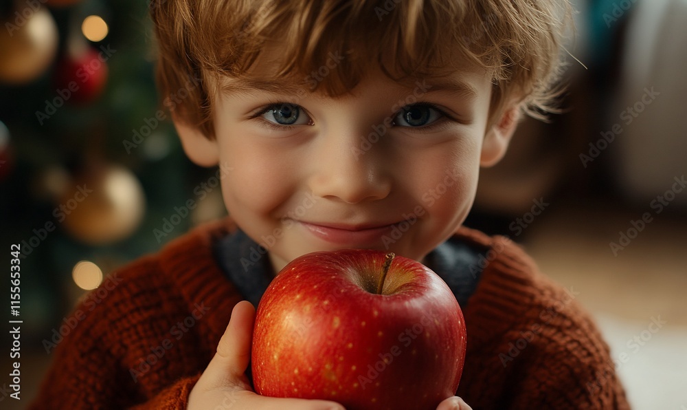 A smiling child holds a red apple, showcasing joy and innocence during the holidays. A smiling child holds a red apple, showcasing joy and innocence during the holidays.