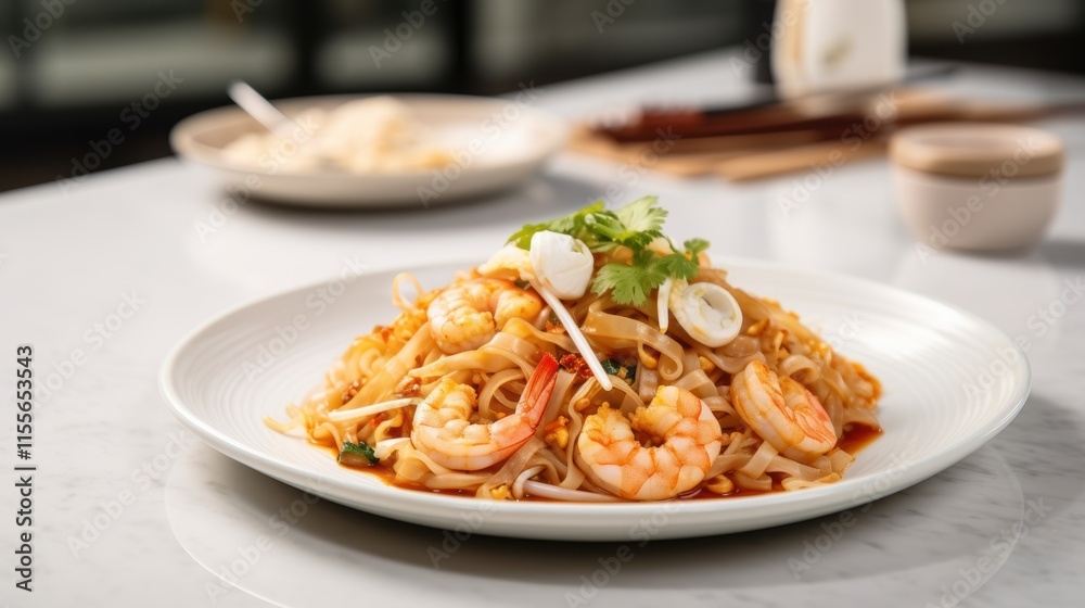 Fototapeta premium Elegant Pad Thai with Fresh Shrimp on Marble Table, Softly Lit Restaurant Ambiance, Gourmet Food Presentation, High-Resolution, Macro Detail