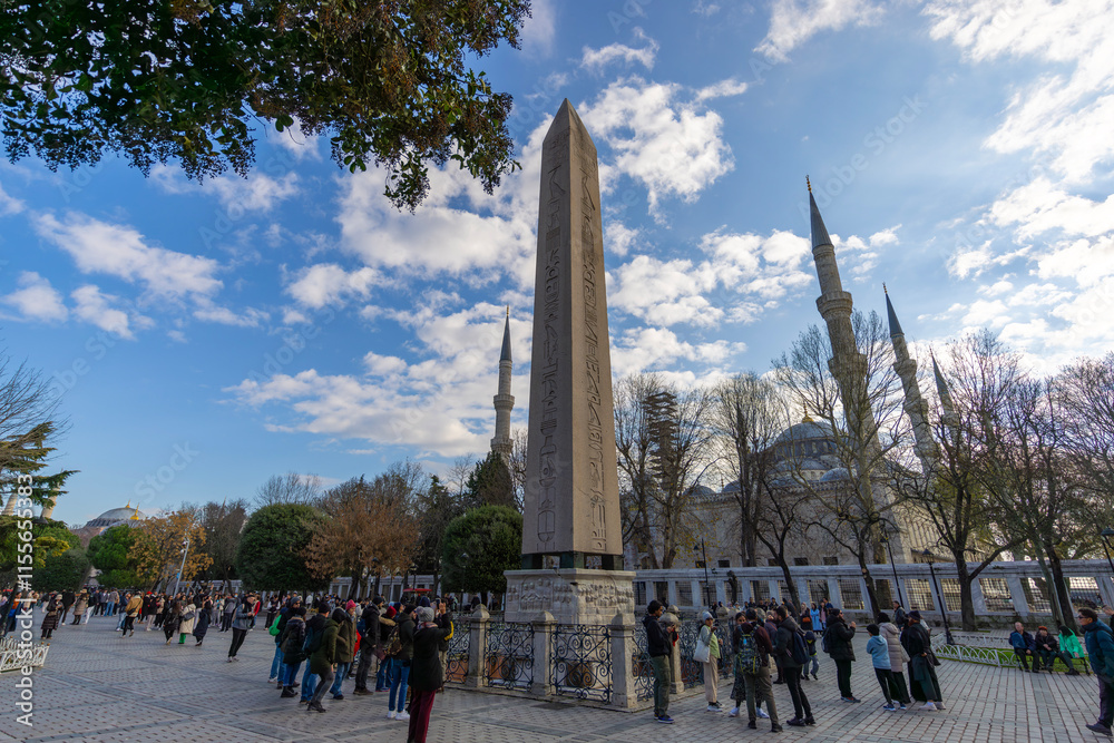 Obelisk of Theodosius and Blue Mosque from Istanbul, Turkey. High quality photo