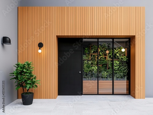 Minimalist ecofriendly gift shop exterior with natural wood, glass walls, and vertical gardens, Gift Shop, EcoMinimalist photo