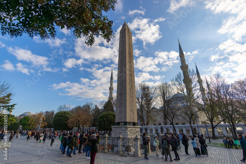 Obelisk of Theodosius and Blue Mosque from Istanbul, Turkey. High quality photo