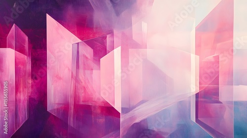 Abstract composition showcasing translucent shapes with vibrant hues of pink and purple, evoking a sense of depth and fluidity in a dreamlike environment