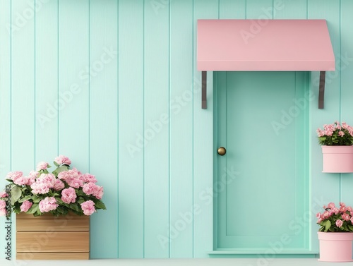 Cottagecoreinspired gift shop exterior with soft pastel tones, flower boxes, and wooden accents, Gift Shop, Cottagecore Charm photo