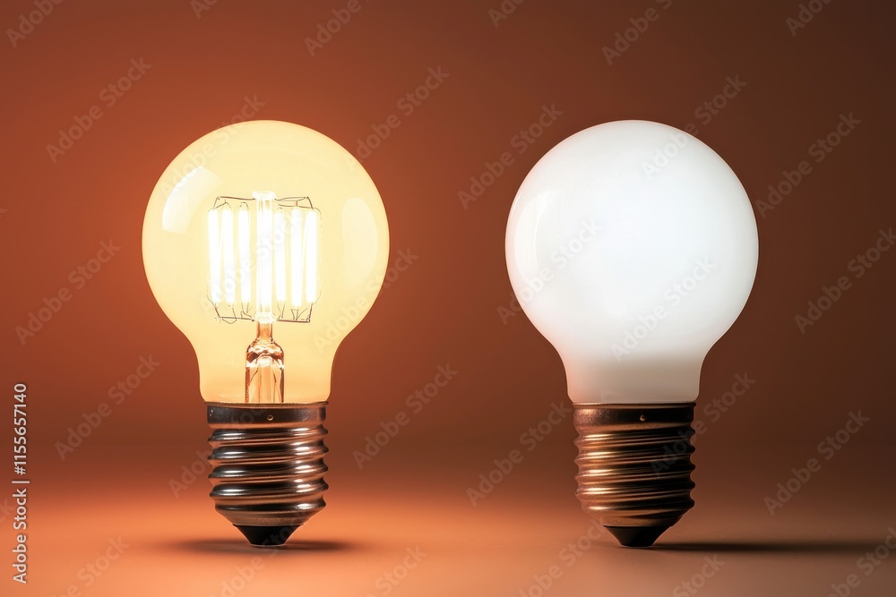 Two light bulbs, one emitting warm light and the other cool light, against a soft brown background, showcasing different lighting options.