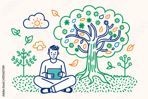 Man Sitting Under a Tree with a Tablet