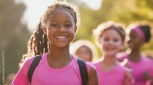 Smiling african young girl in pink shirt outdoors with friends photo