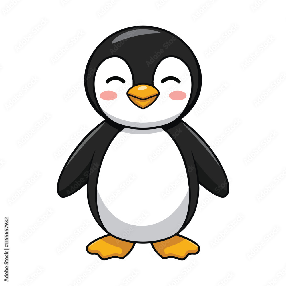 Fototapeta premium Cute Cartoon Penguin with Black Body White Patches Yellow Feet and Beak Happy Expression Design