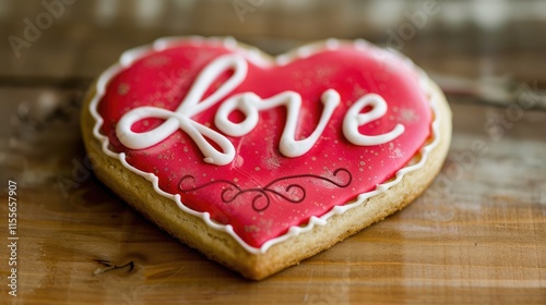 : A heart-shaped cookie with red icing and the word Love written on it,,