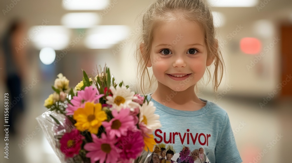 Smiling caucasian child with flowers in hospital hallway wearing 'survivor' t-shirt Smiling caucasian child with flowers in hospital hallway wearing 'survivor' t-shirt