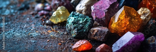 Colorful gemstone pile on rustic surface. photo