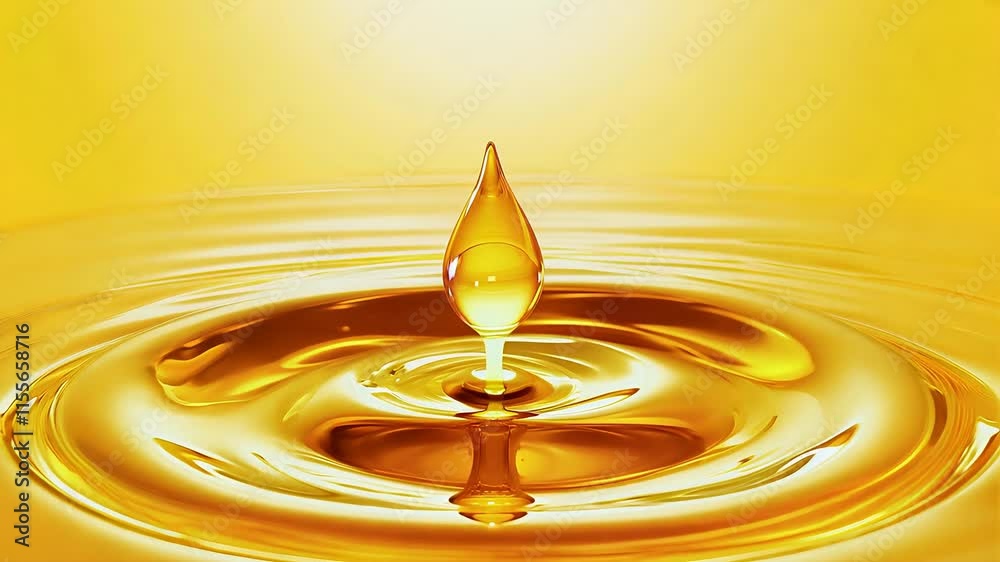 A vibrant golden liquid drop creating ripples on a smooth surface, symbolizing purity, energy, and natural essence in a minimalist setting.

