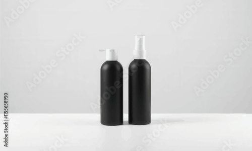 Two black bottles with white spray nozzles on gray background