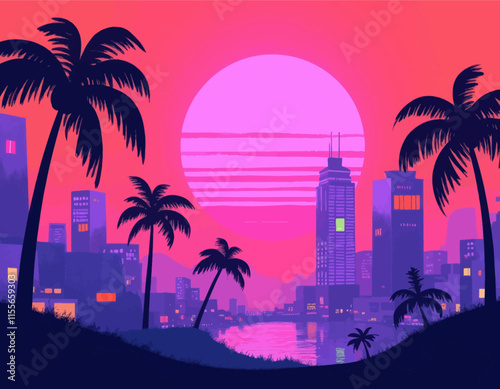 Tropical Cityscape at Sunset with Palms